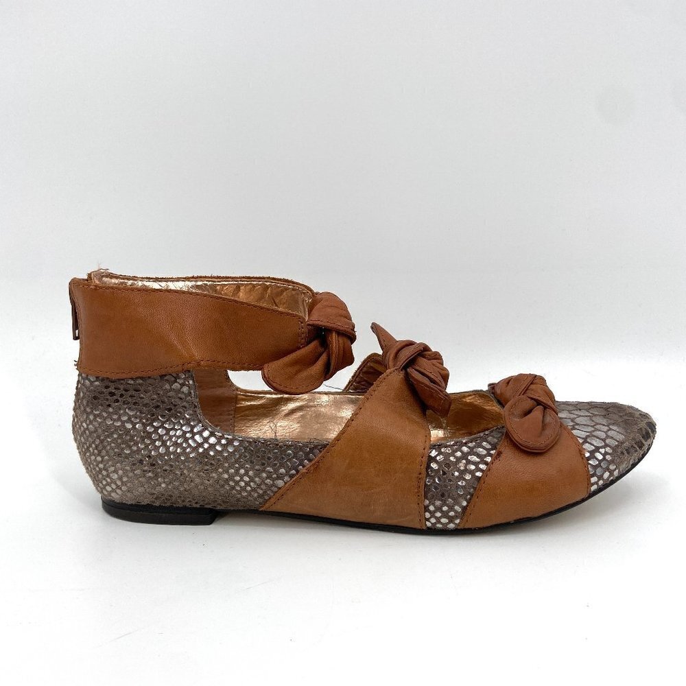 SEYCHELLES Brown Leather Upper Reptile Textured Bow Tie Ankle Strap Flat Shoes 8